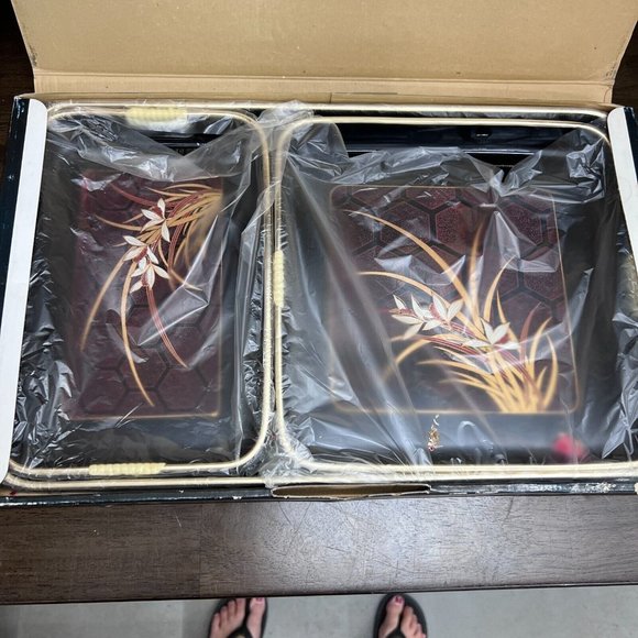 VINTAGE SHADDY ORCHID 3 PCS LACQUERED TRAYS SET OF 3 JAPAN ORIGINAL BOX NEW - Picture 5 of 7